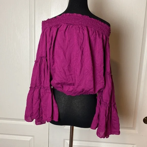 FREE PEOPLE OFF THE SHOULDER TIERED LONG SLEEVE BOHO CHIC BLOUSE - Picture 3 of 4